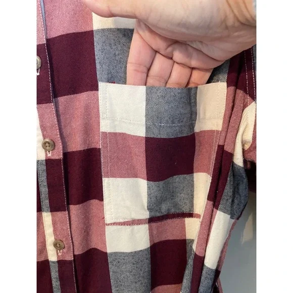 Faherty Size L Burgundy Plaid Flannel Button Down Belted Midi Shirt Dress - Picture 5 of 8